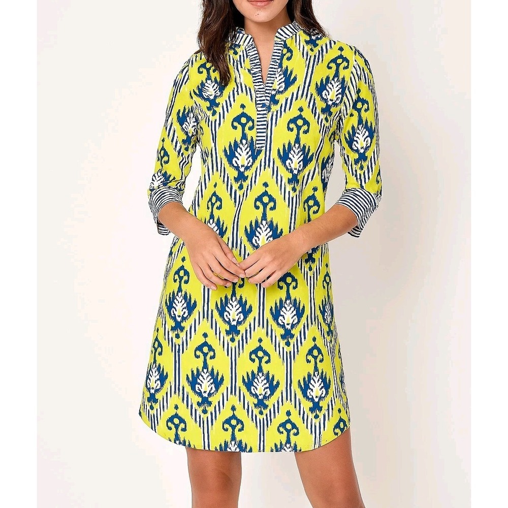 Gretchen Scott‎ Small Dress Collared Ikat Neon Yellow Green Blue Cotton Tunic